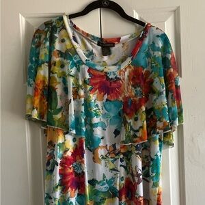 Vintage/Y2K Susan Lawrence Floral Sleeveless Top with Sheer Cape Overlay XL